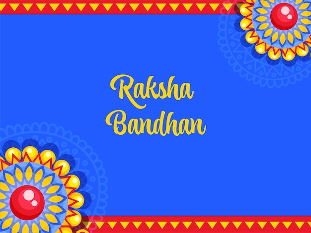 Raksha bandhan schriftart mit blumen verziert auf blauem und rotem hintergrund.