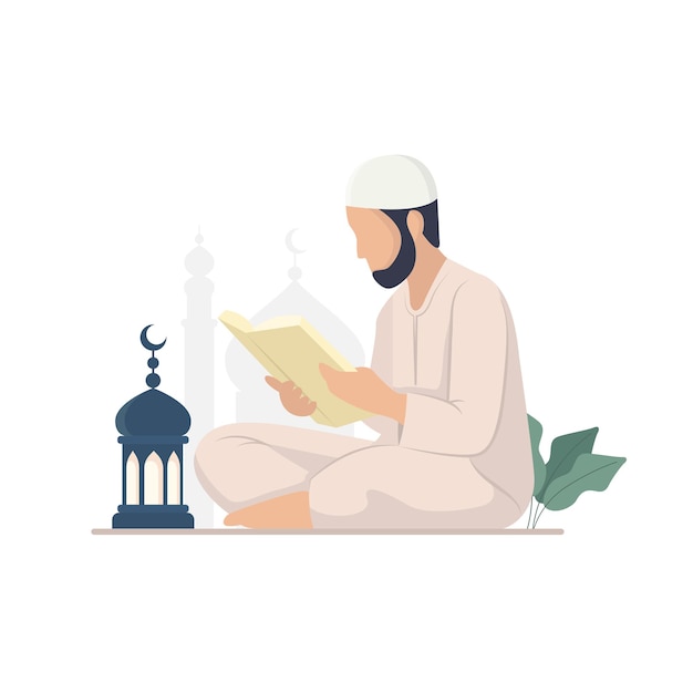 Vektor ramadan-aktivität menschen, die den koran lesen, vektorillustration im flachen stil