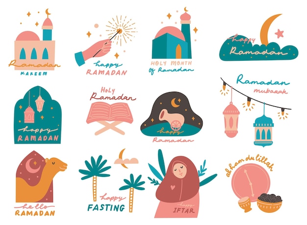 Vektor ramadan-aufkleber in flachem stil doodle-illustration eid al fitr-grußkarten-designelemente