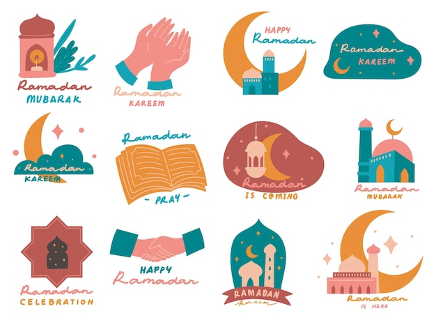 Ramadan-aufkleber in flachem stil doodle-illustration eid al fitr-grußkarten-designelemente