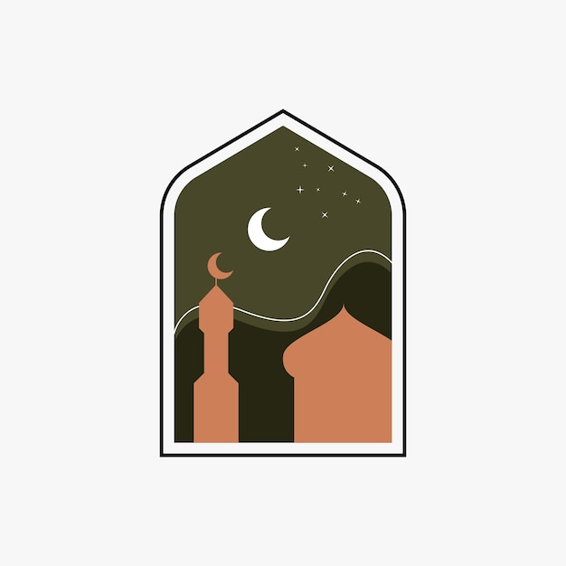 Vektor ramadan eid mubarak post art mit boho-bogen moderne islamische musterkarte mit arabischen moscheentürmen und mond religiöser feiertag nachtlandschaft