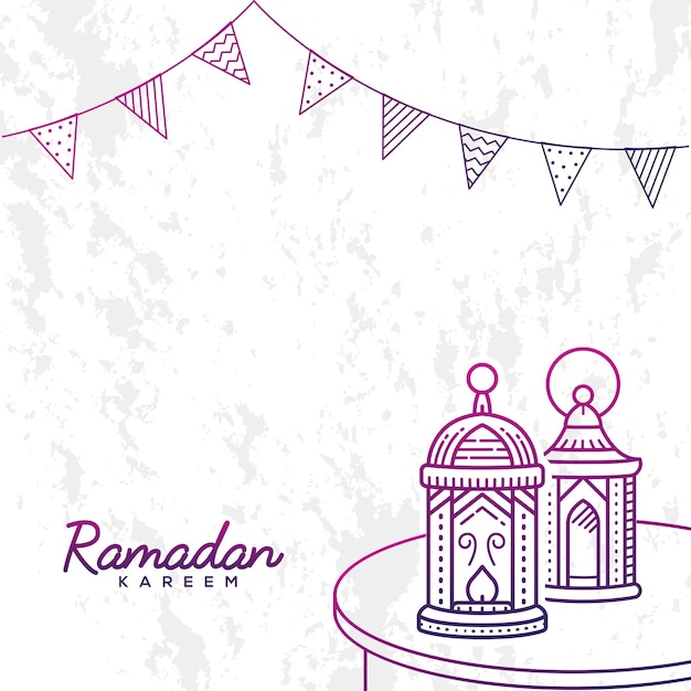 Vektor ramadan-grüßekarte mit handgezeichneter laterne und hängender flagge auf grunge-hintergrund