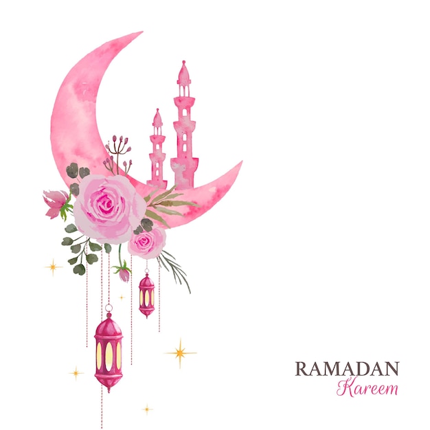 Ramadan-grußdesign, aquarell-halbmond und minarette mit rosafarbenem rosenstrauß