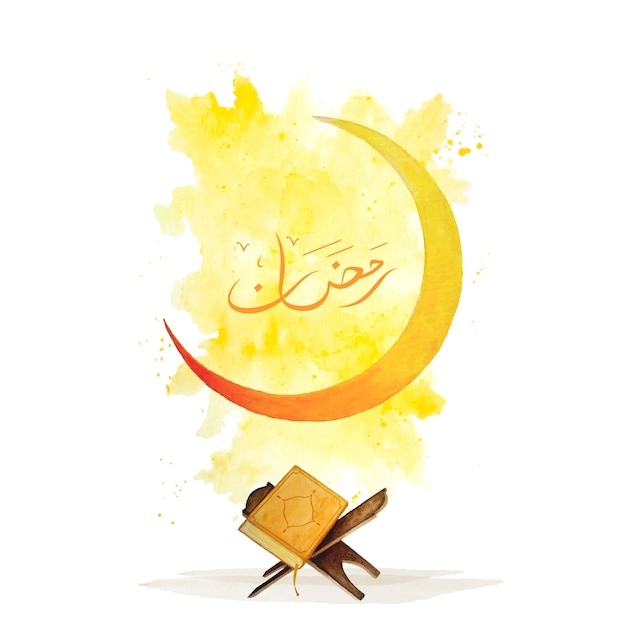 Vektor ramadan-grußkartendesign, halbmond und koran-aquarellillustration mit farbspritzer