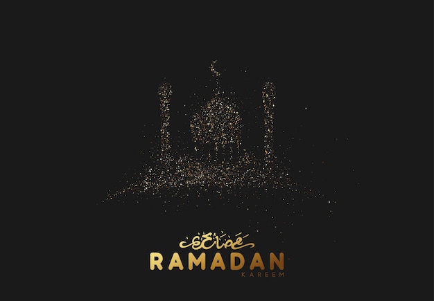 Ramadan-hintergrund. design ist sand mit goldenem quietschen der moscheensilhouette. schwarzes muster mit hellen pailletten lose gold. arabischer kalligraphischer text von ramadan kareem