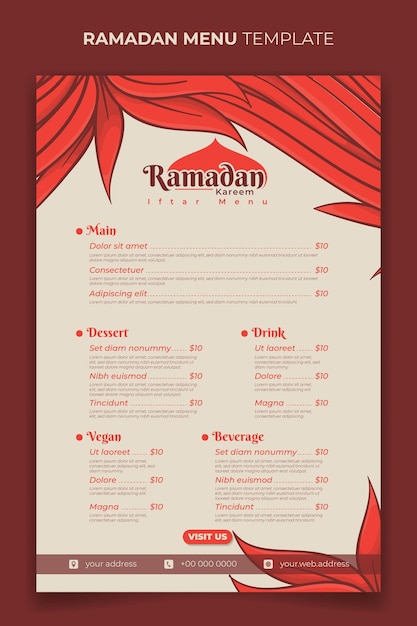 Ramadan-Iftar-Menü für Ramadan-Fastenveranstaltung mit orangefarbenem Grashintergrund in handgezeichnetem Design