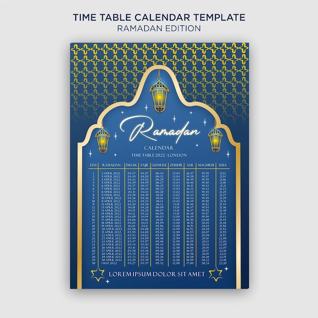 Ramadan-kalender mit iftar-zeitplan-tabelle premium-vektor