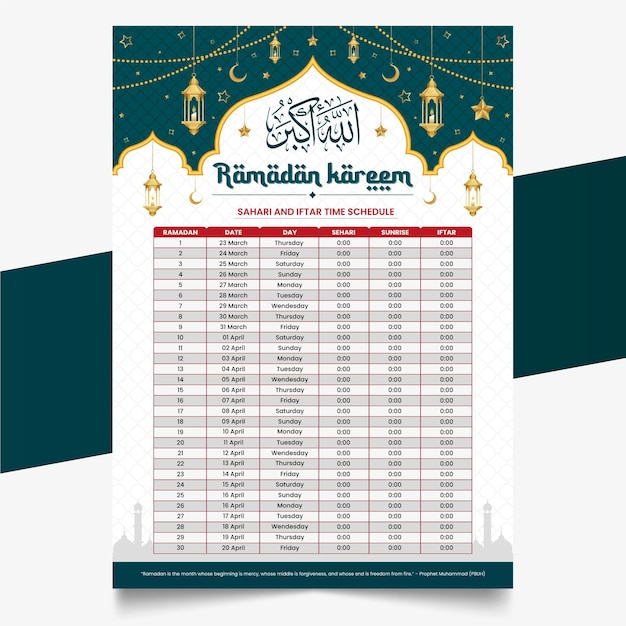 Ramadan-Kalendervorlage mit Sheri- und Iftar-Zeitplantabelle  Premium Vektor