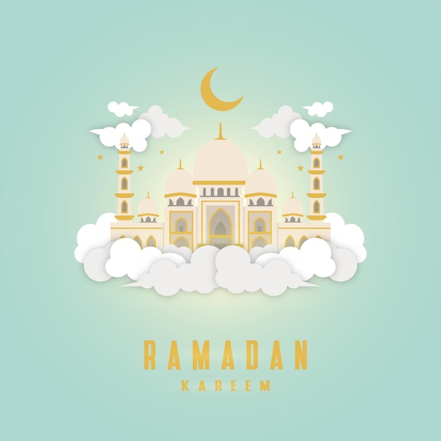 Vektor ramadan kareem 3d-papierschnitt-vektorillustration mit moscheenmond und wolke