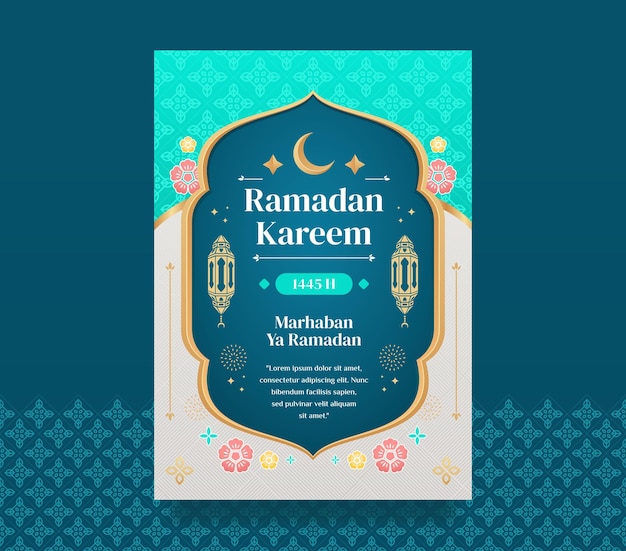 Ramadan Kareem A4 Poster Grußkarten Design Vorlage mit türkisfarbener Farbe für den Ramadan Feiern