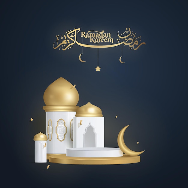 Ramadan kareem arabische kalligrafie realistisches moscheengoldpodium und halbmond