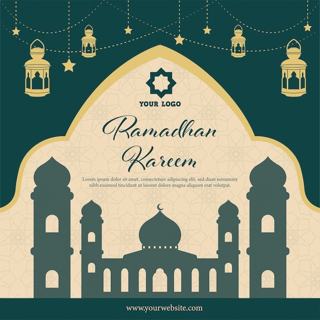 Ramadan kareem banner hintergrund vorlage mit grüner moschee silhouette flachen stil