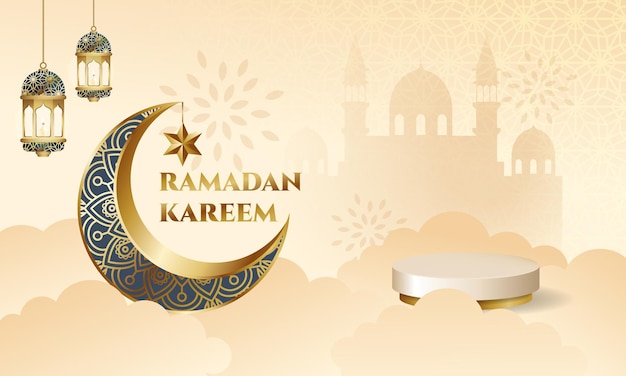 Ramadan kareem banner mit leerer podestbühne für produktanzeige eleganter stil