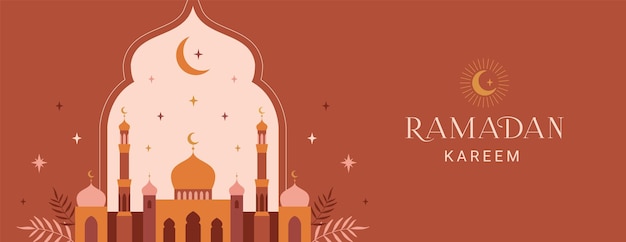Ramadan Kareem-Banner Modernes, geometrisches, minimalistisches Design mit Moschee-Halbmondsternen, Bogenfenstern