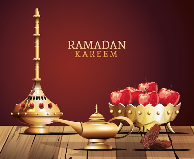 Ramadan kareem feier mit goldenen utensilien und äpfeln