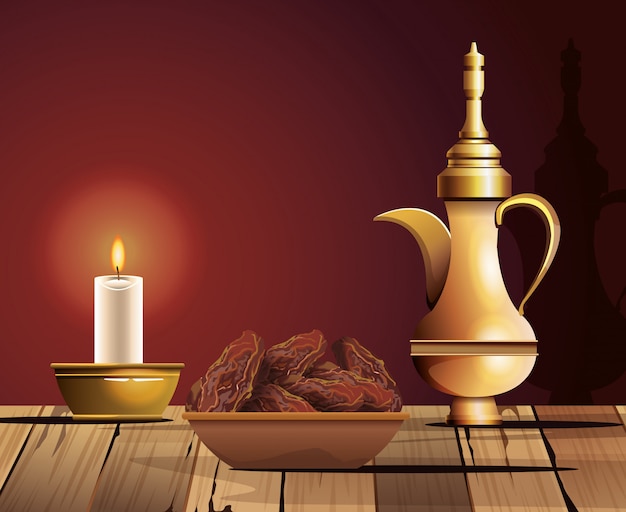 Vektor ramadan kareem feier mit goldener teekanne und essen