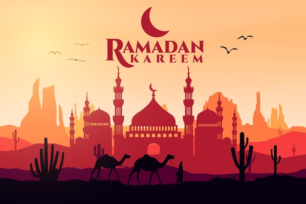 Ramadan Kareem flache Landschaft Moschee Dessert arabischen Kamel
