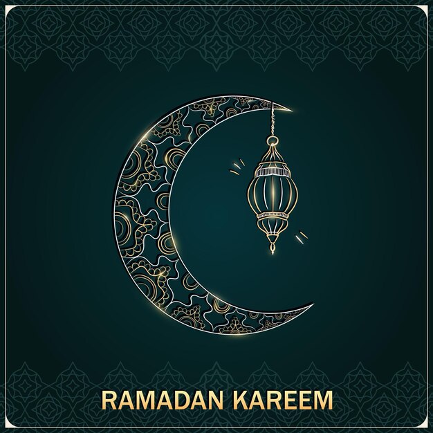 Ramadan Kareem grüne Grußkarte mit handgezeichnetem linearen goldenen Halbmond und arabischer Laterne