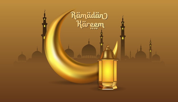 Ramadan kareem-grüße mit halbmond und goldener lampenvektorillustration