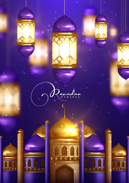 Ramadan Kareem Gruß mit Moschee und handgezeichneter Kalligraphiebeschriftung. Illustration