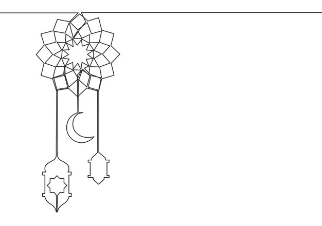 Ramadan kareem-grußkarte einzeiliger muslimischer islamischer stamm mit laternenlampen-mondverzierung