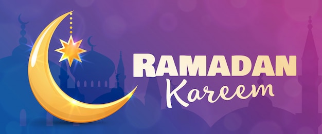 Ramadan kareem grußkarte. islamischer goldener halbmond und stern. horizontales banner für muslimischen heiligen monat ramadan.