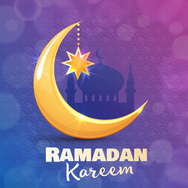 Ramadan kareem grußkarte. islamischer goldener halbmond und stern. illustration für muslimischen heiligen monat ramadan.