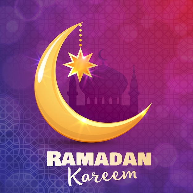 Ramadan kareem grußkarte. islamischer goldener halbmond und stern. illustration für muslimischen heiligen monat ramadan.