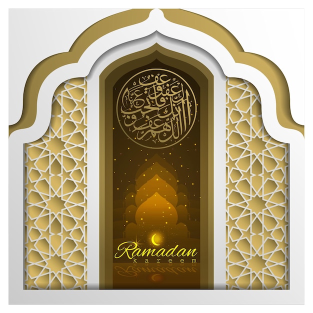 Ramadan kareem grußkarte islamisches blumenmuster vektordesign mit schöner arabischer kalligrafie