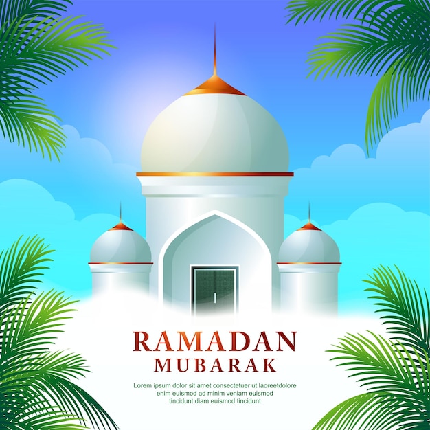 Ramadan kareem grußkarte mit flacher illustration der moschee, der wolke und der palmen