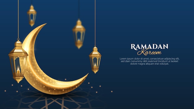 Ramadan kareem-grußkarte mit goldenem halbmond und lichtern auf blauem hintergrund.