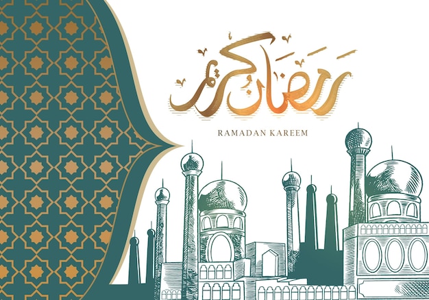 Ramadan kareem-grußkarte mit grüner großer moschee elegantes luxusdesign für die feier der muslimischen gemeinschaft arabische kalligrafie bedeutet holly ramadan