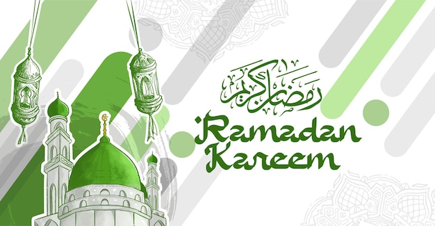 Ramadan kareem grußkarte mit hand gezeichneter fanous lantern illustration und grüner moschee