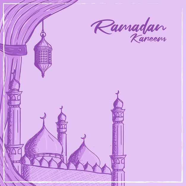 Ramadan kareem grußkarte mit handgezeichneter illustration von moschee und laterne