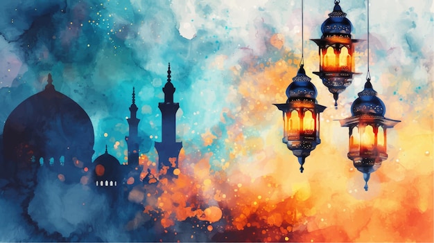 Vektor ramadan-kareem-grußkarte mit moschee auf aquarellhintergrund