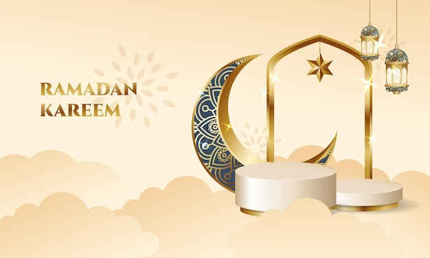 Ramadan kareem grußkarte mit podestbühne, halbmond und laternen