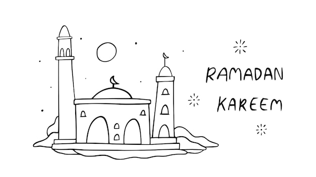 Ramadan kareem handgezeichnete vektorillustration mit mondmoschee und islamischem elementhintergrund