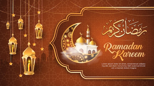 Ramadan Kareem Hintergrund dekorativer Mond mit hängenden Laternensternen und Moschee
