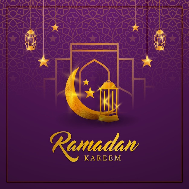 Ramadan kareem hintergrund, islamischer feiertag mit halbmondlaternensterngoldschuppenillustration