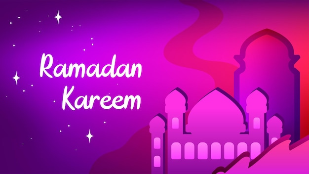 Ramadan kareem illustration landschaftshintergrund mit moschee-silhouette-ornamenten und dominantem lila für die verwendung von ramadan-veranstaltungen und anderen muslimischen veranstaltungen