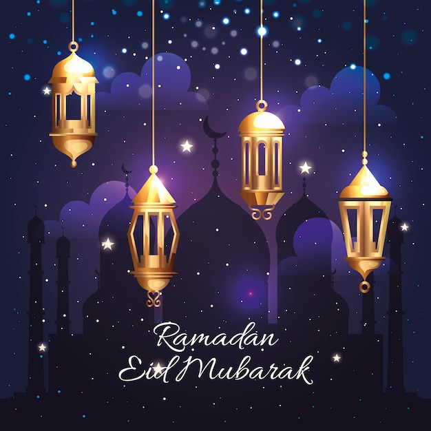 Ramadan kareem illustration mit hängenden laternen