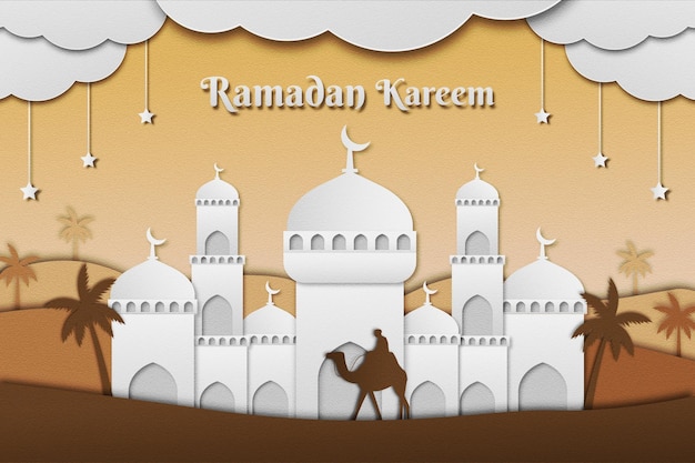 Ramadan kareem-illustrationshintergrund mit papierkunst-moschee datiert baum und kamel in der wüste