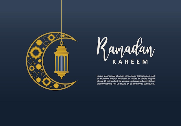 Ramadan kareem islamisches designbanner mit islamischem ornament in goldenem halbmond und laterne isoliert auf blauem hintergrund
