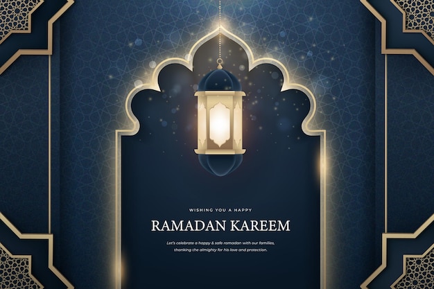 Ramadan Kareem-Kalligrafie mit leuchtendem Laternen-Grußkarten-Design