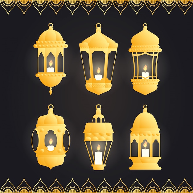 Ramadan kareem karte mit eingestellten goldenen laternen