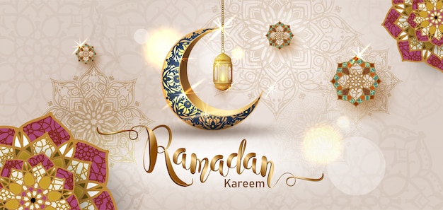 Ramadan kareem mit halbmond gold luxuriösen halbmond, vorlage islamischen verzierten element für, 3d-stil