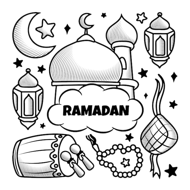 Ramadan kareem mit handgezeichnetem linearem doodle-stil