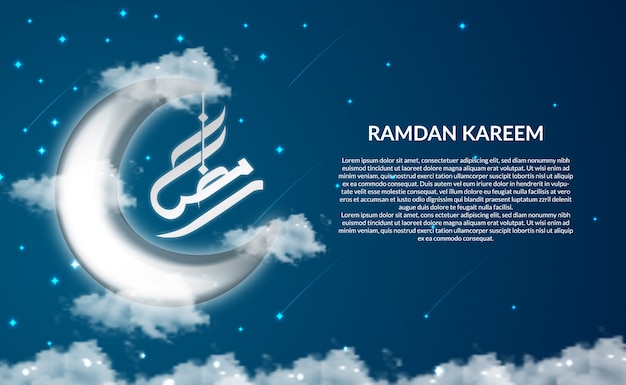 Ramadan Kareem mit islamischer Kalligraphie und 3D-Halbmond in der Nacht