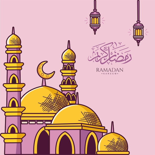 Ramadan kareem mit moschee und laternenkarikatur