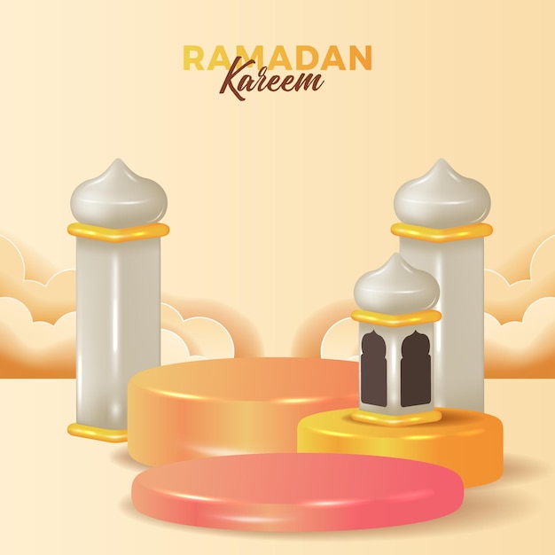 Ramadan Kareem mit niedlicher 3D-Laternenmoscheenkuppel mit Podiumsanzeigezylinder-Bühnenprodukt für Social-Media-Vorlage